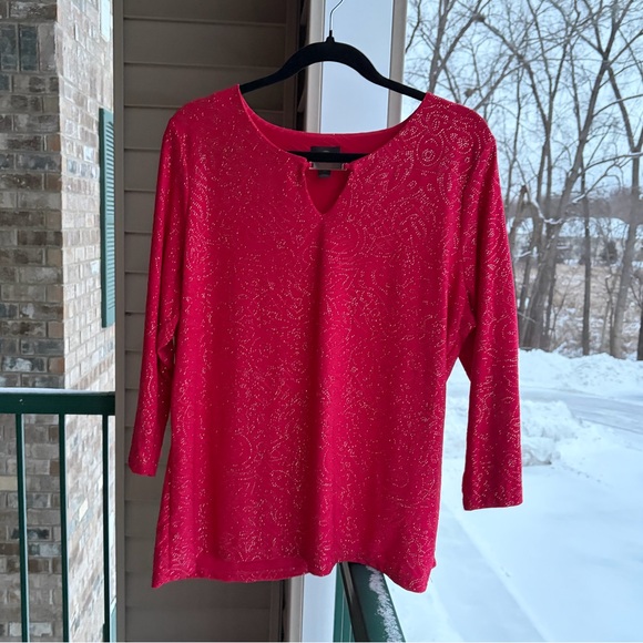 🆕🌹JM Collection Red Jacquard Knit Sparkle Top Glam Blouse Size XL Petite Large - Picture 3 of 16